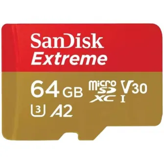 Card de memorie SanDisk Extreme microSDXC 64GB, pana la 170MB/s  80MB/s Read/Write speeds A2 C10 V30 UHS-I U3 + SD Adapter