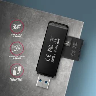 Card reader Axagon CRE-S2N, USB-C 3.2, 2 in 1, SD, microSD, Negru