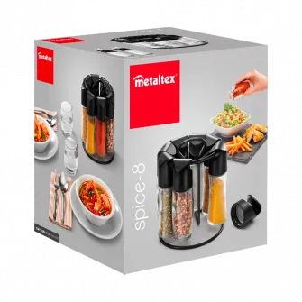 Carusel 8 recipiente condimente Metaltex Spice 8, 4buc x 88 ml si 4buc x 72 ml, capac negru, Ø 15 x 16,5cm, 12 etichete autoadezive