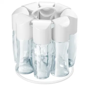 Carusel 8 recipiente condimente Metaltex Spice 8, 4buc x 88 ml si 4buc x 72 ml, capac alb, Ø 15 x 16,5cm, 12 etichete autoadezive