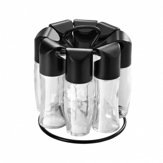 Carusel 8 recipiente condimente Metaltex Spice 8, 4buc x 88 ml si 4buc x 72 ml, capac negru, Ø 15 x 16,5cm, 12 etichete autoadezive
