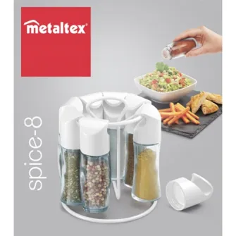 Carusel 8 recipiente condimente Metaltex Spice 8, 4buc x 88 ml si 4buc x 72 ml, capac alb, Ø 15 x 16,5cm, 12 etichete autoadezive