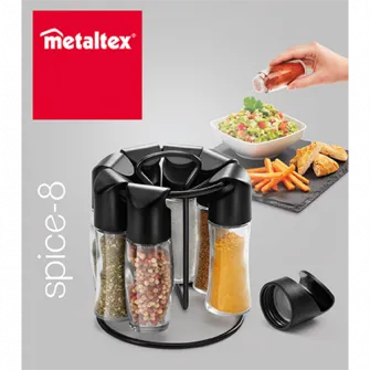 Carusel 8 recipiente condimente Metaltex Spice 8, 4buc x 88 ml si 4buc x 72 ml, capac negru, Ø 15 x 16,5cm, 12 etichete autoadezive