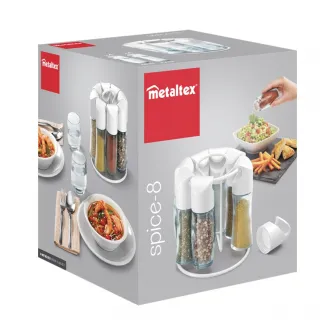 Carusel 8 recipiente condimente Metaltex Spice 8, 4buc x 88 ml si 4buc x 72 ml, capac alb, Ø 15 x 16,5cm, 12 etichete autoadezive