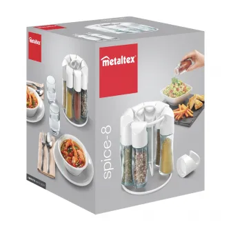 Carusel 8 recipiente condimente Metaltex Spice 8, 4buc x 88 ml si 4buc x 72 ml, capac alb, Ø 15 x 16,5cm, 12 etichete autoadezive