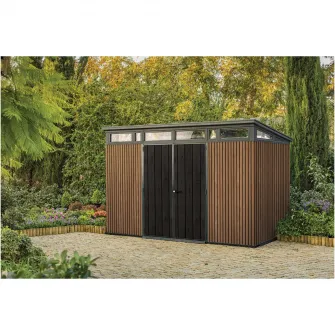 Casuta de gradina Keter Pent 11x7, 342 x 218 x 226cm, plastic DecoCoat, maro, usa dubla, ferestre