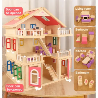 Casuta din lemn pentru papusi, Mappy, 3 etaje cu mobilier si 6 figurine, inaltime 70 cm, multicolor