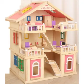 Casuta din lemn pentru papusi, Mappy, 3 etaje cu mobilier si 6 figurine, inaltime 70 cm, multicolor