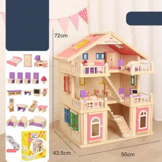 Casuta din lemn pentru papusi, Mappy, 3 etaje cu mobilier si 6 figurine, inaltime 70 cm, multicolor
