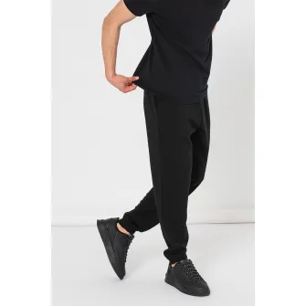 Champion, Pantaloni de trening cu model uni si detaliu logo, Negru, L