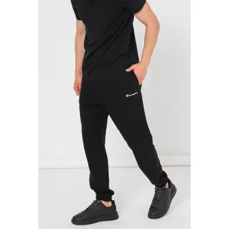 Champion, Pantaloni de trening cu model uni si detaliu logo, Negru, L