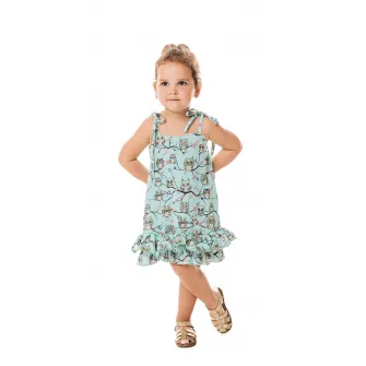 CHARMONY, Rochie cu imprimeu grafic si terminatie cu volan, Verde, Albastru glaciar, 92-98 CM