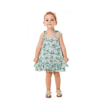 CHARMONY, Rochie cu imprimeu grafic si terminatie cu volan, Verde, Albastru glaciar, 116-122 CM