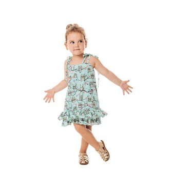 CHARMONY, Rochie cu imprimeu grafic si terminatie cu volan, Verde, Albastru glaciar, 122-128 CM