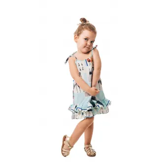CHARMONY, Rochie cu model grafic si terminatie peplum, Alb, Albastru glaciar, 104-110 CM