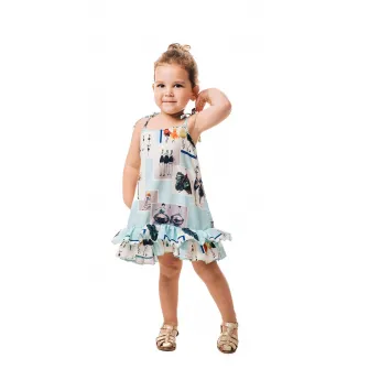 CHARMONY, Rochie cu model grafic si terminatie peplum, Alb, Albastru glaciar, 110-116 CM