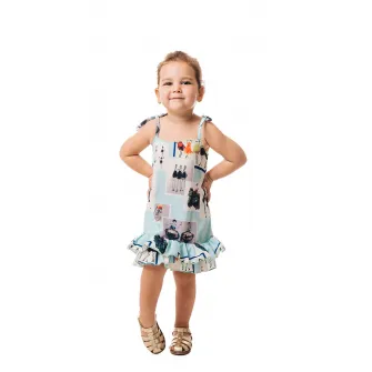 CHARMONY, Rochie cu model grafic si terminatie peplum, Alb, Albastru glaciar, 122-128 CM