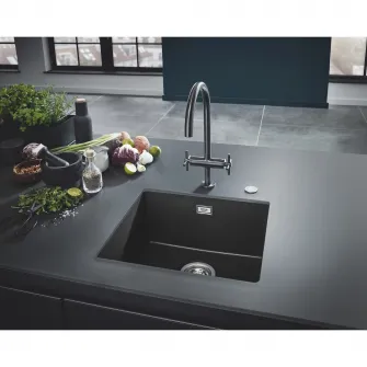 Chiuveta compozit Grohe K700U 31653AP0, 457x406 mm, montare sub blat, evacuare manuala, Kit montaj si evacuare inclus, Negru granit