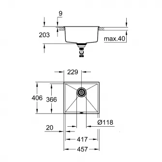 Chiuveta compozit Grohe K700U 31653AP0, 457x406 mm, montare sub blat, evacuare manuala, Kit montaj si evacuare inclus, Negru granit