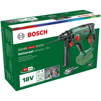Ciocan rotopercutor pe acumulator Bosch UniversalHammer 06039D6001, 18 V, 2000 RPM, 2 J, 25 mm diametru maxim gaurire, limitator adancime, adaptor tija rotunda, fara acumulator/incarcator