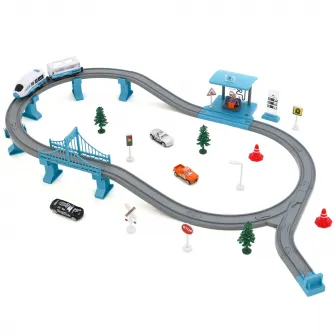 Circuit tren electric cu lumini si sunete, M-Toys City Rail cu accesorii, 63 piese, Verde
