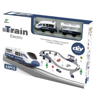 Circuit tren electric cu lumini si sunete, Mappy City Rail cu accesorii, 62 piese, albastru