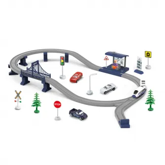 Circuit tren electric cu lumini si sunete, Mappy City Rail cu accesorii, 62 piese, albastru