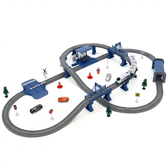 Circuit tren electric cu lumini si sunete, Mappy City Rail cu accesorii, 104 piese, albastru