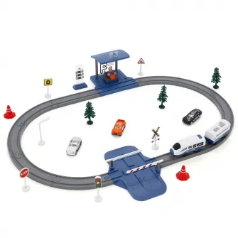 Circuit tren electric cu lumini si sunete, Mappy City Rail cu accesorii, 56 piese, albastru