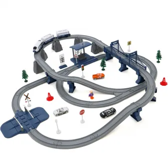 Circuit tren electric cu lumini si sunete, Mappy City Rail cu accesorii, 103 piese, albastru