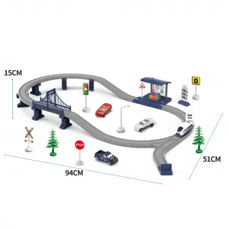 Circuit tren electric cu lumini si sunete, Mappy City Rail cu accesorii, 62 piese, albastru