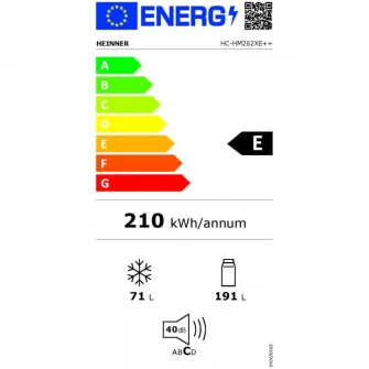 Combina frigorifica Heinner HC-HM262XE++, 262 l, Control electronic, Usi reversibile, Iluminare LED, Clasa E, H 180 cm, Inox