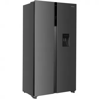 Combina side by side Heinner HSBS-HM439NFINVXWDD, 439 l, Clasa D, No frost, Compresor inverter, Display, Dozator de apa, Functie smart, Functie congelare/racire rapida, Adamcime redusa 59.5 cm, H 176.5 cm, Inox