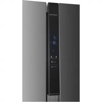Combina side by side Heinner HSBS-HM439NFINVXWDD, 439 l, Clasa D, No frost, Compresor inverter, Display, Dozator de apa, Functie smart, Functie congelare/racire rapida, Adamcime redusa 59.5 cm, H 176.5 cm, Inox