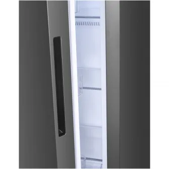 Combina side by side Heinner HSBS-HM439NFINVXWDD, 439 l, Clasa D, No frost, Compresor inverter, Display, Dozator de apa, Functie smart, Functie congelare/racire rapida, Adamcime redusa 59.5 cm, H 176.5 cm, Inox