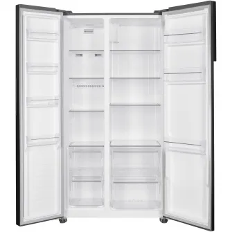 Combina side by side Heinner HSBS-HM442NFINVXD, 442 l, Clasa D, No frost, Display, Functie smart, Functie congelare/racire rapida, Adancime redusa 59.5 cm, H 177 cm, Inox