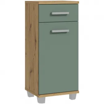 Comoda baie Forte Veris, 1 usa + 1 sertar, manere metal, 40.2x 34.8x 90.8 cm, stejar Artisan/ verde menta