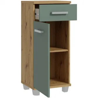 Comoda baie Forte Veris, 1 usa + 1 sertar, manere metal, 40.2x 34.8x 90.8 cm, stejar Artisan/ verde menta