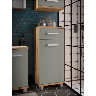 Comoda baie Forte Veris, 1 usa + 1 sertar, manere metal, 40.2x 34.8x 90.8 cm, stejar Artisan/ verde menta