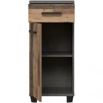 Comoda pentru baie Forte Veris, 1 usa + 1 sertar, 40.2x 34.8x 90.8 cm, beton optic gri inchis/lemn vintage