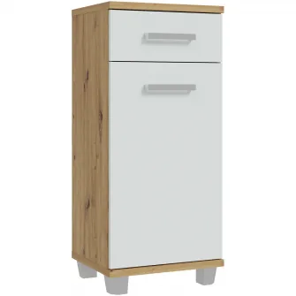 Comoda pentru baie Forte Veris, 1 usa + 1 sertar, manere metal, 40.2x 34.8x 90.8cm, stejar Artisan/Gri deschis