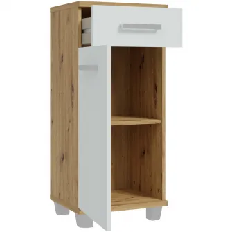 Comoda pentru baie Forte Veris, 1 usa + 1 sertar, manere metal, 40.2x 34.8x 90.8cm, stejar Artisan/Gri deschis