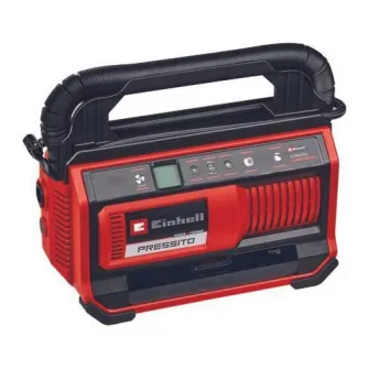 Compresor pe acumulator Einhell Power X-Change PRESSITO 18/25, 18 V, 11 bar presiune maxima, set de adaptoare din 3 piese, furtun de inalta presiune de 71 cm si furtun de joasa presiune de 1.6 m, fara acumulator/incarcator