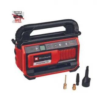 Compresor pe acumulator Einhell Power X-Change PRESSITO 18/25, 18 V, 11 bar presiune maxima, set de adaptoare din 3 piese, furtun de inalta presiune de 71 cm si furtun de joasa presiune de 1.6 m, fara acumulator/incarcator