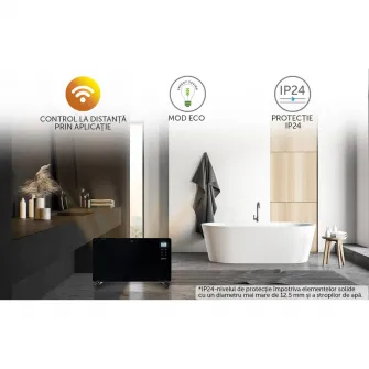 Convector electric AlecoAir C20 Heatix negru, WiFi, pentru 30 mp, 2000W, 2 trepte incalzire, IP24, Aplicatie, Negru