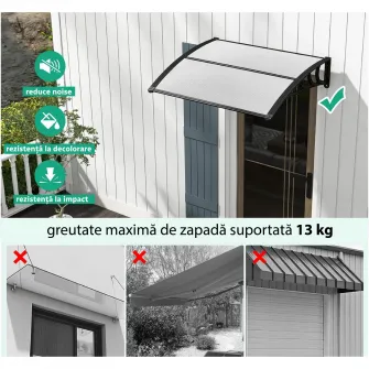 Copertina policarbonat Kring Bruno, bara mijloc aluminiu, transparent, brate sustinere negre, 120x100