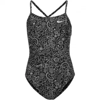 Costum inot piscina femei Nike Charms Multi Print Lace Up Back One Piece, marime L, negru