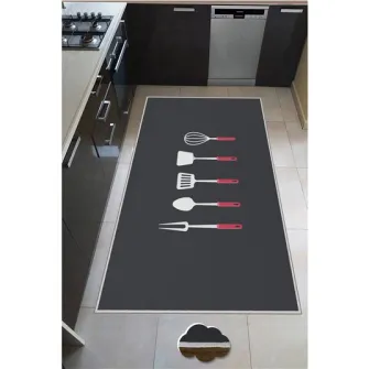 Covor de bucatarie Utensils Oyo Home, 80x150 cm, poliester, print digital, spate antiderapant