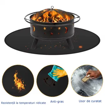 Covoras rotund pentru gratar, ignifug, 24 inchi, pliabil, portabil, rezistent la temperaturi inalte, din silicon/fibra de sticla rezistent la caldura, potrivit pentru, parc in aer liber, curte interioara, petrecere la gratar, terasa, gratar, gazon, negru