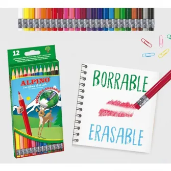 Creioane colorate cu guma, cutie carton, 24 culori/set, ALPINO Erasable